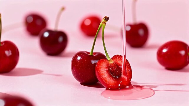 Red cherries on pink background