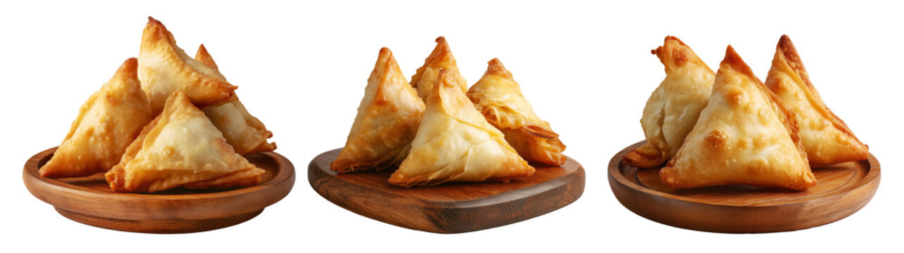 Set of Briouat triangular fruit filled pastries, phyllo pastries filled with meat or almonds on white, Arabic sweet desserts