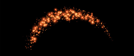 Orange glittering dots, particles, stars magic sparks. Glow flare light effect. Orange luminous points. Vector particles on black background. © Elena
