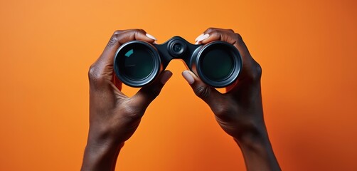Fototapeta premium Hands hold binoculars against orange background. Person looking through optical device. Concept of observation research future search discovery vision searching for new opportunities.