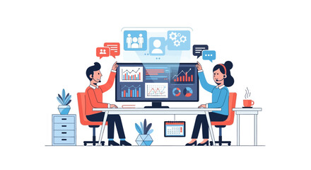 Business professionals analyzing data on a large monitor.