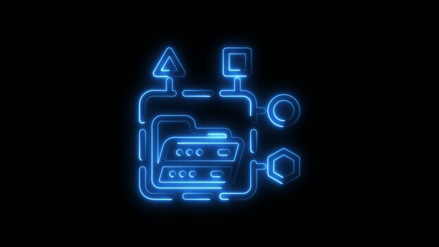 Blue neon flowchart icon with folder and geometric shapes light glow