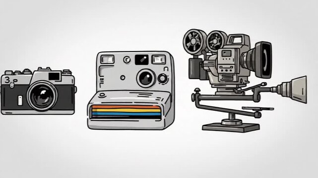 Cinematic slow motion doodle illustration depicting historical evolution of video and photo camera equipment from vintage designs to modern digital technology and professional 4K devices.