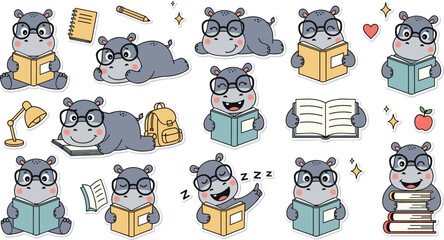 Cute hippo student character set reading books and studying
