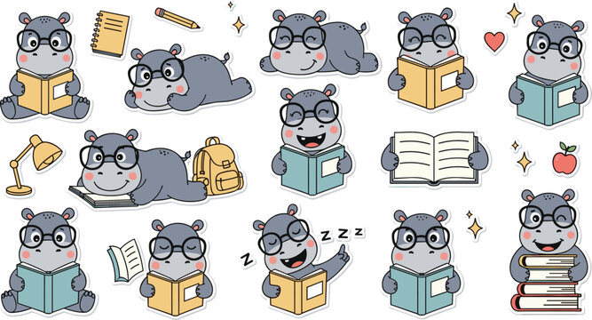 Cute hippo student character set reading books and studying