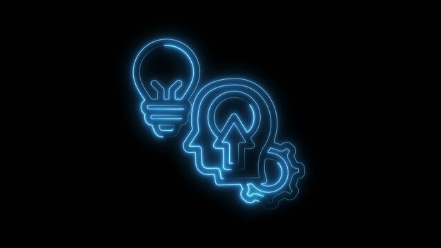 Blue neon light bulb and head with arrow and gear icon image