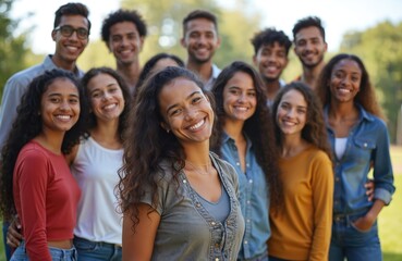 Fototapeta premium Diverse group of young adults smile joyfully together outdoors. Friends share happy moments in a park setting. People embrace togetherness and positive vibes.