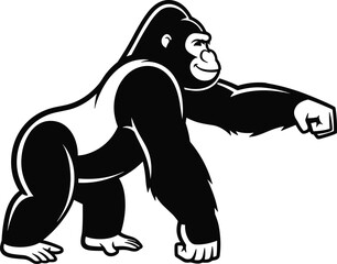 Black and white vector silhouette of a powerful silverback gorilla walking with a confident expression for zoo wildlife nature conservation and animal branding © Rehena