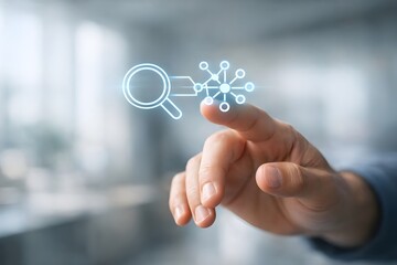 Hand using magnifying glass icon for AI powered digital search and research