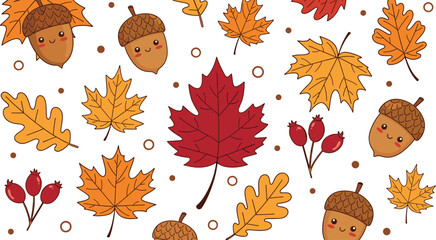 Cute autumn leaves and acorn seamless pattern hand drawn fall season vector illustration background © Rubya