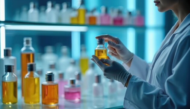 Scientist in lab coat examines yellow liquid in small glass bottle. Many cosmetic containers on shelves, blurred background. Research, development and testing.