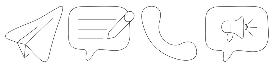 Set of four handdrawn communication icons paper plane, message, phone receiver, and announcement