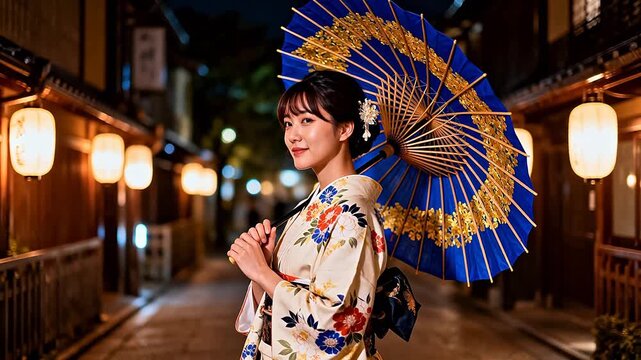 Woman in traditional kimono with umbrella