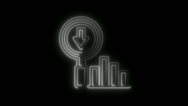 Neon glowing down arrow icon with bar chart on black background light dark