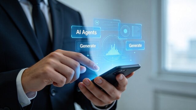Business professional using smartphone with AI agents interface hologram,automation and generative technology concept for data analytics,productivity enhancement and digital innovation