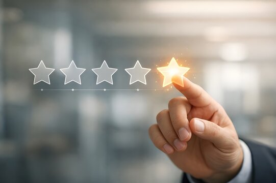 Customer hand giving five star rating for feedback and service excellence satisfaction