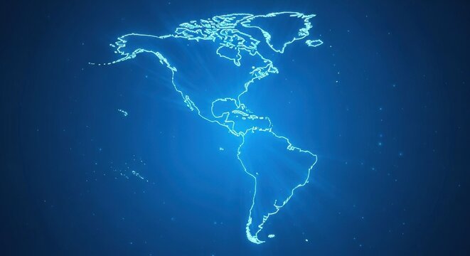 A glowing blue map of north and south america