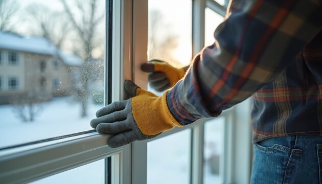 Man in gloves adjusts modern window frame from inside house. Winter snow scene outside building. Homeowner renovates or repairs home exterior detail. Window installation work progress.
