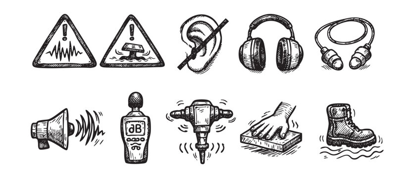 A sketch style illustration showing warning signs, sound meter, jackhammer, ear protection, and work boot. Ideal for construction safety campaigns or industrial hazard awareness.
