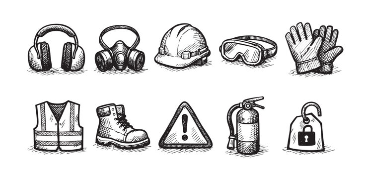 Hand drawn style illustration of personal protective equipment (PPE) for construction, including hard hat, gloves, and safety glasses. For safety regulations, posters, and hazard prevention themes.
