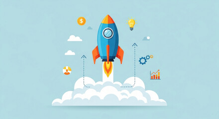 Rocket ship launching into the sky with clouds symbols and graphs representing business growth and success