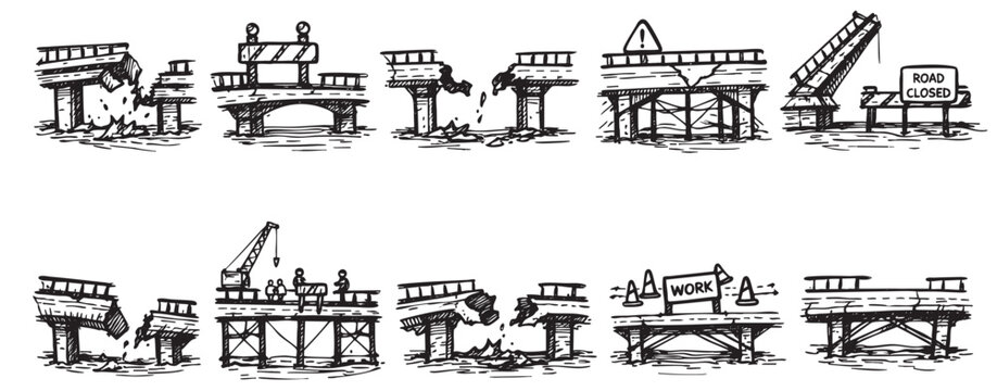 Hand-drawn illustration of bridge types: damaged, closed for repair, under construction. Ideal for infrastructure, engineering, traffic, and transportation related themes.