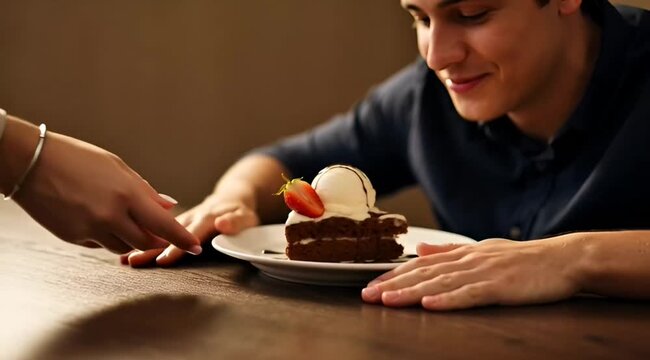 Delicious chocolate cake with ice cream and strawberry being served