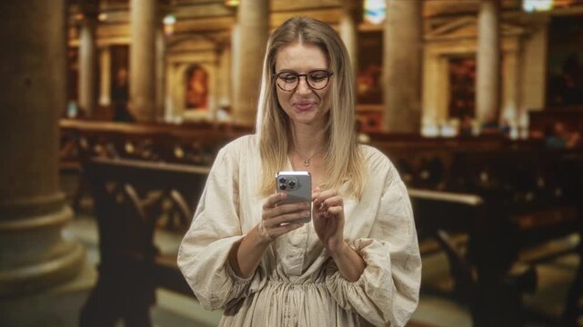 Blonde woman taps smartphone with index finger inside cathedral building nave while smiling; serenity.