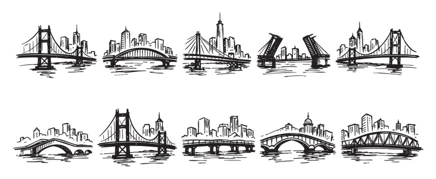 Hand-drawn illustration of various bridges and city skylines in black and white. Vector drawing suitable for logos, icons, prints, or as a design element.