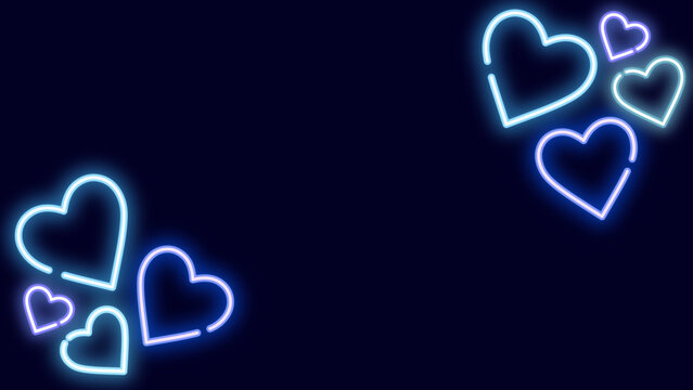 暗い紺のベタ背景に水色と青のネオンハートが対角に輝くシンプルでポップな16:9フレーム背景