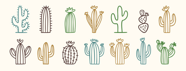 Collection of doodle wild west cactus icons in minimal desert style, hand drawn cacti © Yanka