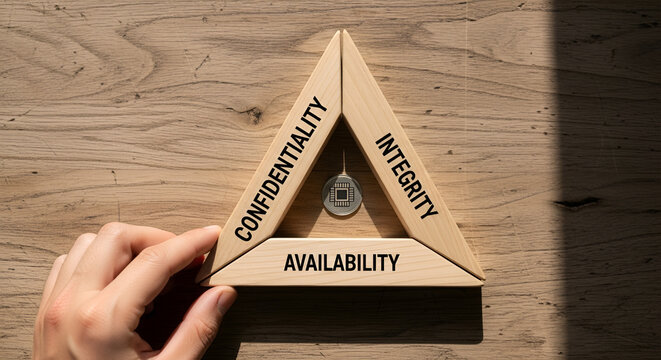 Hand completing the CIA triad concept with wooden blocks for confidentiality integrity and availability on a wooden surface