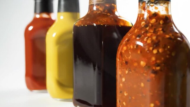 A row of various colorful condiment bottles stands on a clean white background