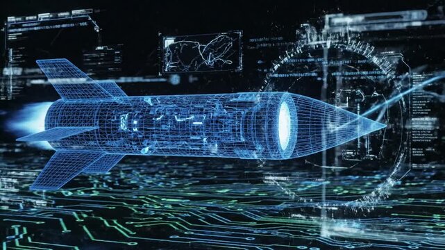Cinematic Slow Motion Shot of a Blue Glowing Wireframe Missile Model Representing Advanced Digital Technology and Future Weaponry Systems