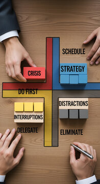 Business hands arranging wooden blocks on a time management and task prioritization diagram
