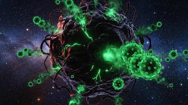 Intense 3D rendering of a dangerous microorganism surrounded by aggressive viral particles, representing an invisible threat to health and cellular integrity
