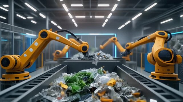 AI powered waste sorting system. Computer vision overlays identifying materials on conveyor belt. Futuristic automated recycling facility with high-tech machine learning technology.