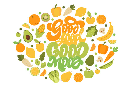 Good Food Good Mood lettering with healthy fruits and vegetables. Modern retro vector illustration for kitchen decor and wellness design.