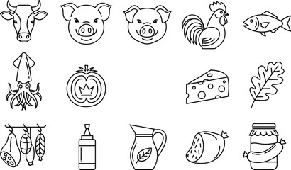 Farm food and livestock line icon set with cow pig chicken fish cheese and vegetables vector © pappa