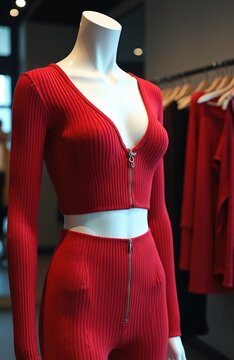 Red ribbed crop top with zipper, matching pants displayed on mannequin in retail shop. Modern fashion outfit shows stylish ribbed fabric texture, form-fitting silhouette. Attractive clothing set