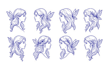 Fototapeta premium Halftone Portrait Fairy Girl Long Hair Profile Outline Set 8 Sketch Line Art Side View-Ethereal Flowing Minimalist Vector Set