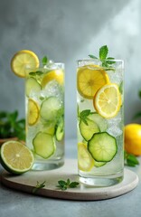 Fototapeta premium Two tall glasses hold refreshing detox water with cucumber slices lemon and mint leaves. Ice cubes swirl in cool clear liquid. A halved lime sits near glasses on grey surface.