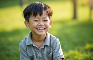 Happy Asian boy laughing outdoors. Young kid enjoys sunny day in park. Small child with cheerful expression outdoor fun and healthy lifestyle.