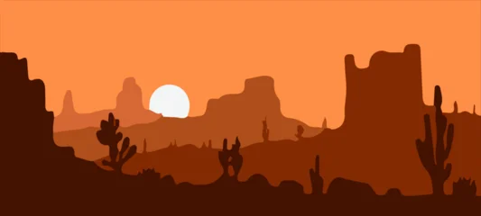 Fototapeten Braun Desert landscape at sunset with full moon rising over cacti and ancient ruins in warm orange glow  © Chadni