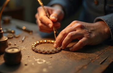 Obraz premium Jeweler hands work on gold bracelet. Artisan fixes luxury accessory in workshop. Craftsmanship, detail and skill evident in precious metal jewelry creation. Master creates fine jewelry.