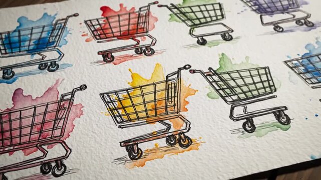 Cinematic slow motion display of eight artistic sketch shopping cart illustration set for retail commerce and consumer marketing showing diverse hand drawn styles in high resolution footage