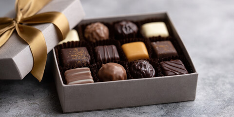 Delicious open box of sweet dessert chocolate praline truffles with golden ribbon bow on gift lid expressing joy of celebration and romantic feeling for valentine day holiday or birthday present