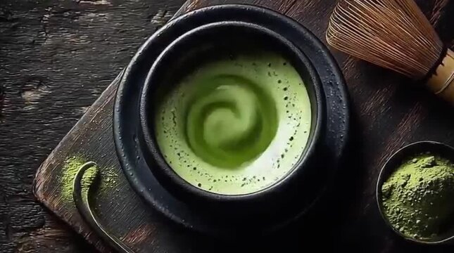 A top-down view of a beautifully prepared matcha tea in a dark bowl with a bamboo whisk and a pile of matcha powder on a rustic wooden surface