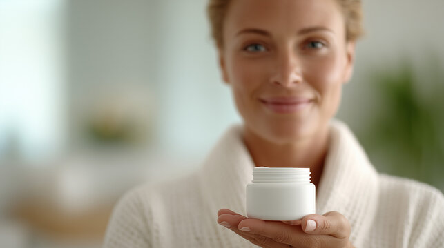Woman Holding Blank White Cosmetic Jar with Dewy Skin in Spa Setting

