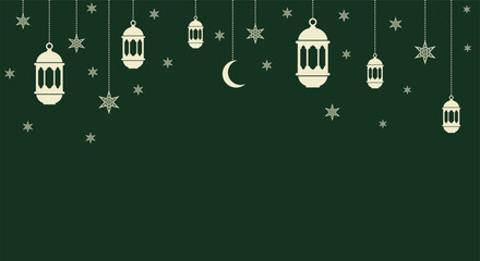Elegant Ramadan Kareem background featuring cream hanging lanterns and stars on a deep green backdrop. Traditional Islamic art style for holidays. © bibin
